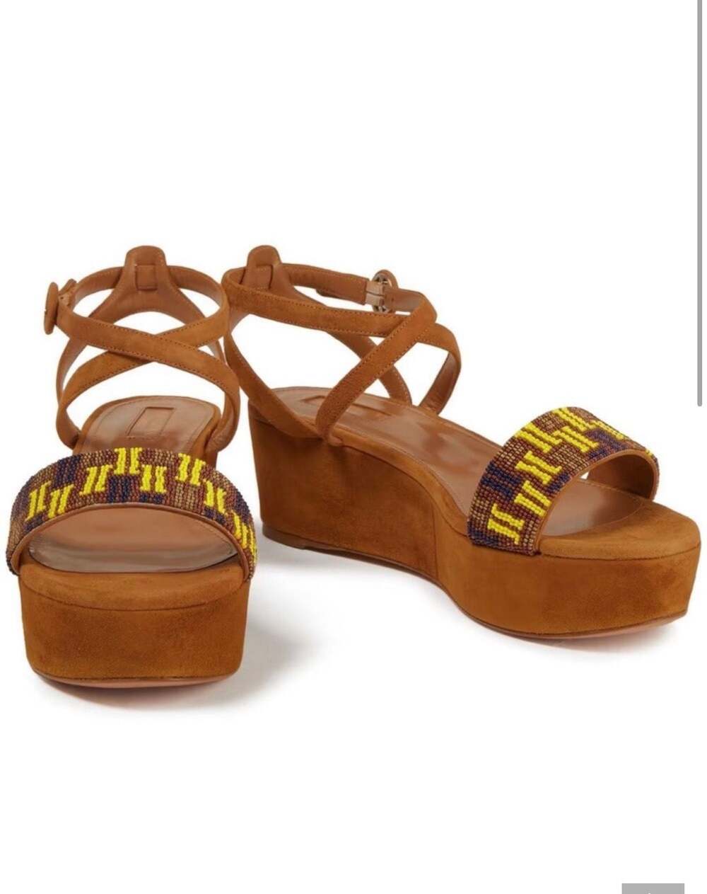 Sandals Aquazzura Firenze Beaded Suede Platform Wedge Sandals Size 38.5